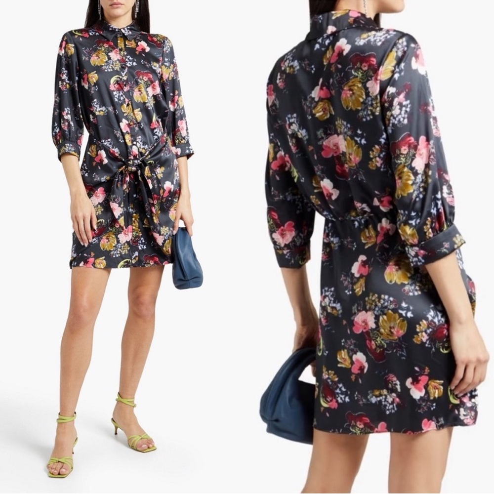 Cinq a Sept Tie-Front Satin Shirt Dress in Black